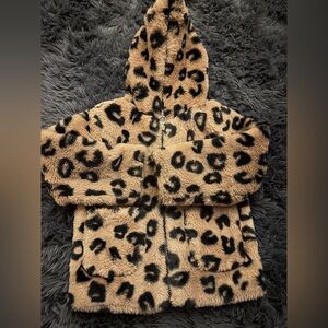 Tan and Black Faux Fur Leopard Hooded Coat - Kids